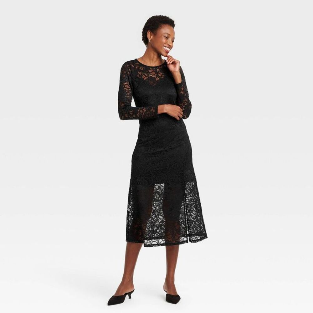 A New Day - Women's Long Sleeve Midi Lace Dress - A New Day Bl Black